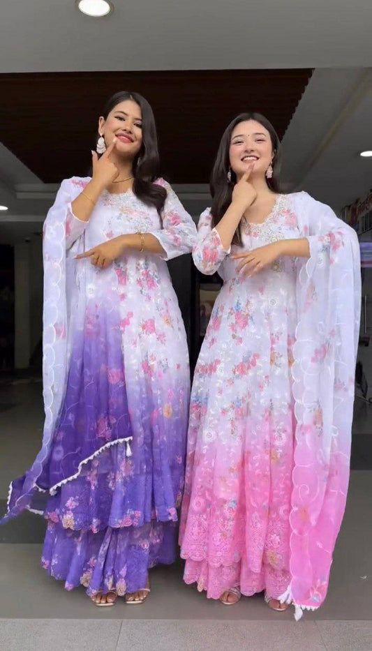 FAUX GEORGETTE WITH FULL EMBROIDERY WORK AND PRINT WITH CUT-WORK BORDER DUPATTA TYPE GOWN