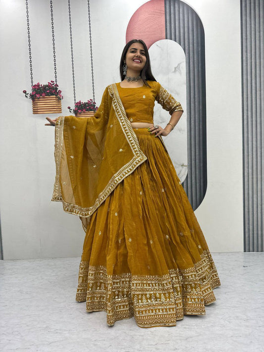 Pure Gold Crush With Micro Cotton Inner And Heavy Embroidery Thread & Sequence Work Lehenga Choli