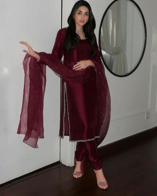 Pure Jimmy Choo Silk With Heavy Micro Cotton And Embroidery Sequence Work With Beads Work Dupatta Type Top & Bottom Dress