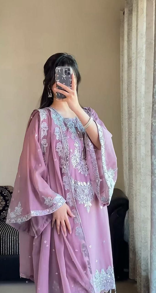 HEAVY FAUX GEORGETTE AND BEAUTIFUL EMBROIDERY SEQUENCE WORK PALAZZO KURTI