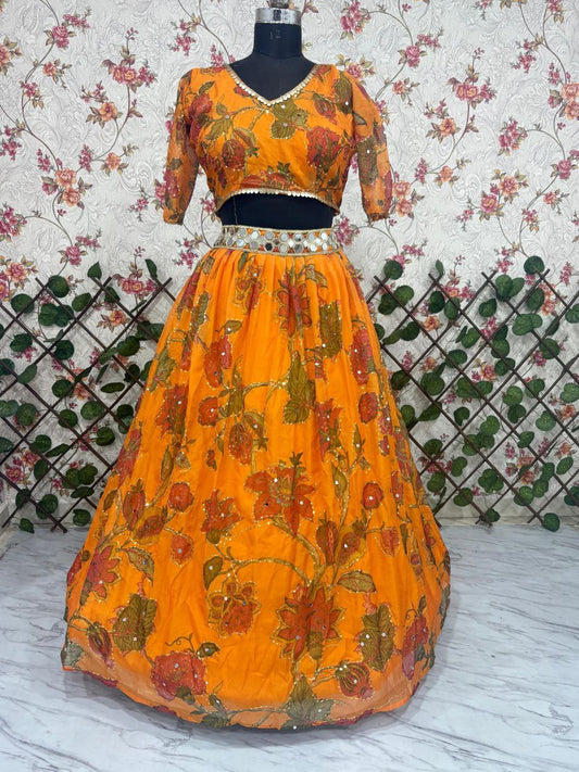 Taby Silk With Beautiful Print With Beautiful Hand Mirror Work & Heavy Sequins Work With Heavy Cancan And Canvas Lehenga Choli