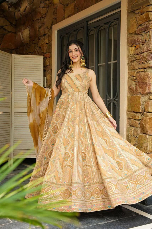 Pure Jimmy Organza Silk And Digital Printed Padded Gown With Designer Lace Dupatta Type Anarkali Gown