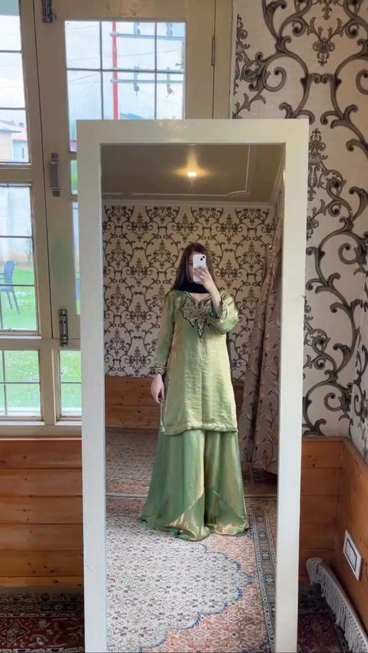 Fandy Silk And Heavy Embroidery Sequence Work + Full Flair + Moti Less Border Dupatta Type Sharara Palazzo Dress