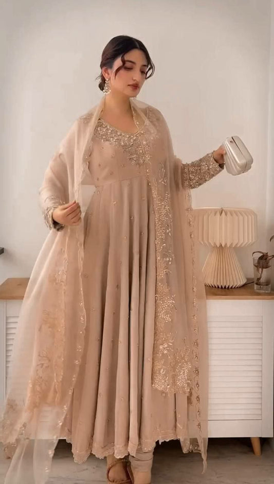 Heavy Georgette With Micro Cotton And Full Heavy Embroidery Rambo Sequence Work With Moti Work Bottom Gown