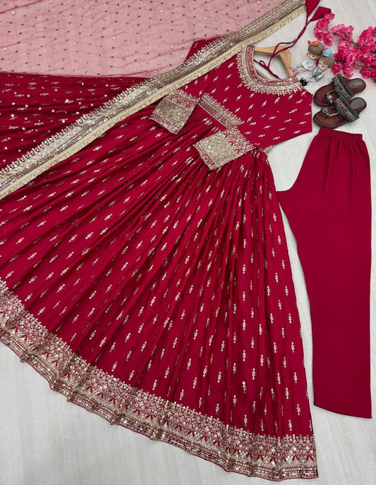 Heavy Pure Chinon Silk And Embroidery Sequence Work With Tassels & Four Side Fancy Lace Border Type Bottom Gown