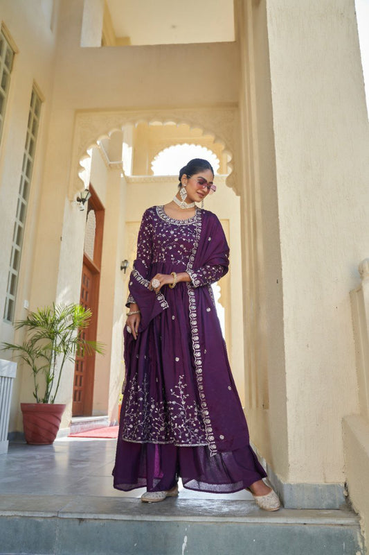 CHINON SILK EMBROIDERED AND SEQUINS WORK SHARARA ETHNIC SET WITH DUPATTA