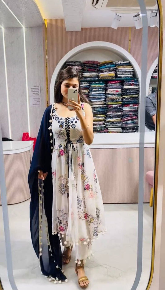 Heavy 1000 Butti Georgette With Digital Print And Mirror Work With Pom Pom Lace Border With Fully Flair Bottom Gown