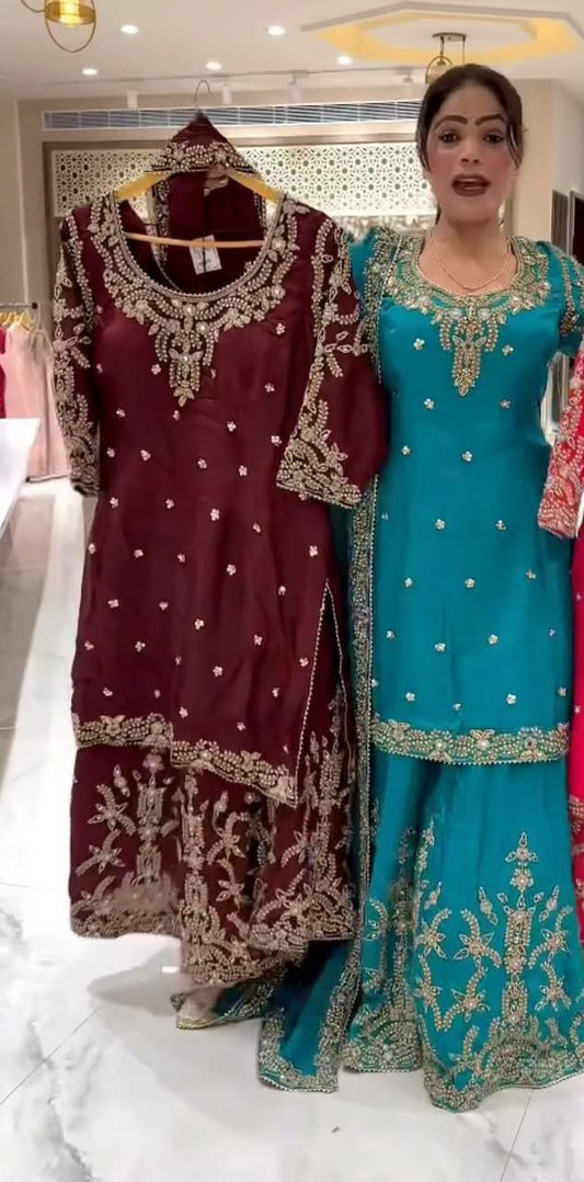 Pure Heavy Natural Crepe Silk And Heavy Embroidery Work With Moti Work And Fancy Latkan Dori Type Sharara Palazzo Dress