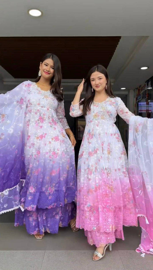 FAUX GEORGETTE WITH FULL EMBROIDERY WORK AND PRINT WITH CUT-WORK BORDER DUPATTA TYPE GOWN