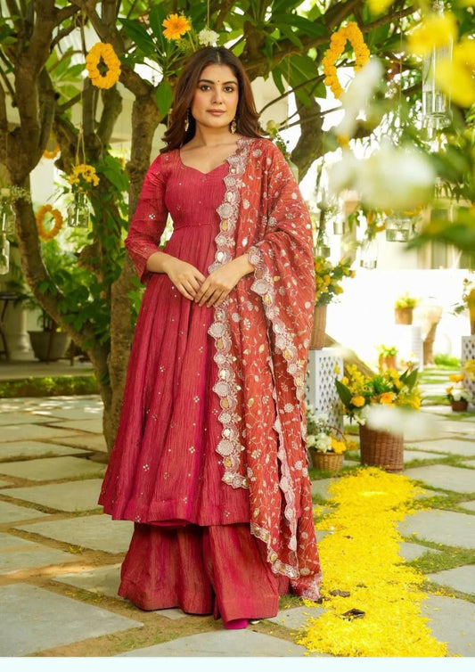 Simmar Silk With Heavy Embroidery Sequence Work With Fully Flair Palazzo Gown