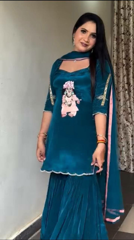 Natural Crepe With Heavy Micro Cotton And Heavy Embroidery Work With Fancy Borders Less Work Sleeve With Fancy Latkan Dori Sharara Palazzo Dress