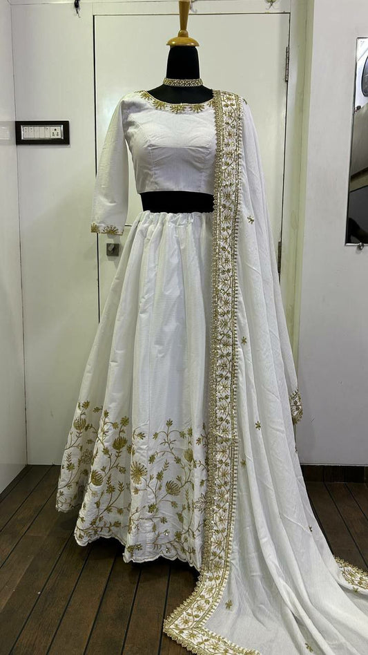 Premium Slub Silk With Zari & Sequins Work With Can Can Attached Lehenga Choli