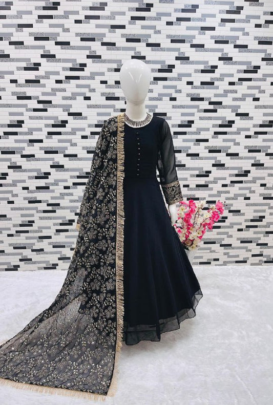 SLEEVES FANCY SEQUANCE AND JARI WORK,YOKE NECK POTLI GOWN