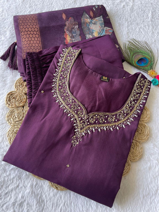 Premium Roman Silk Purple Kurti For Women