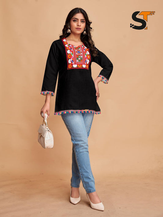 Embroidery Work Tunic Black And White For Women