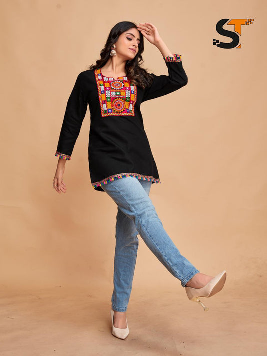 Embroidery Work Tunic Black And White For Women