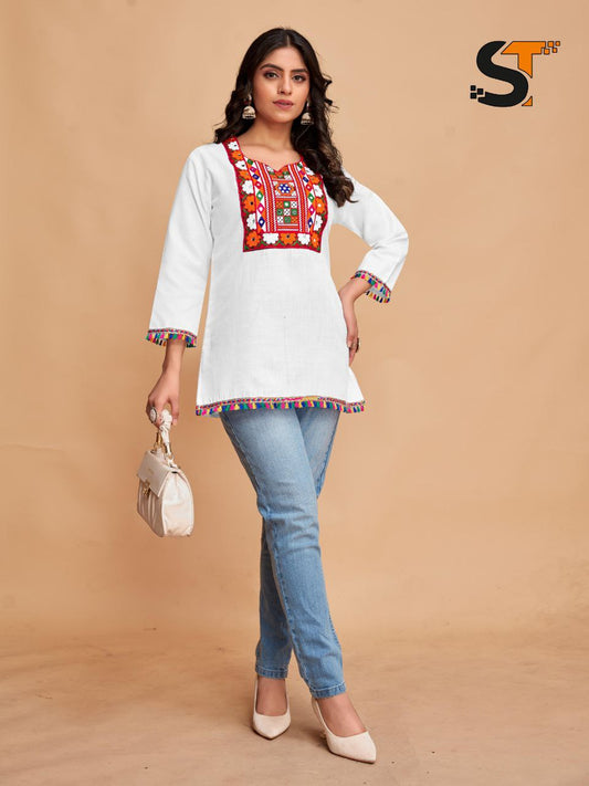 Embroidery Work Tunic Black And White For Women
