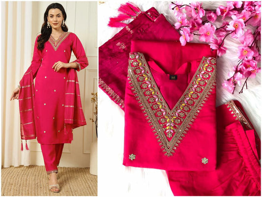 Roman Silk with Beautiful Embroidery With Sequence Work Pink Kurti