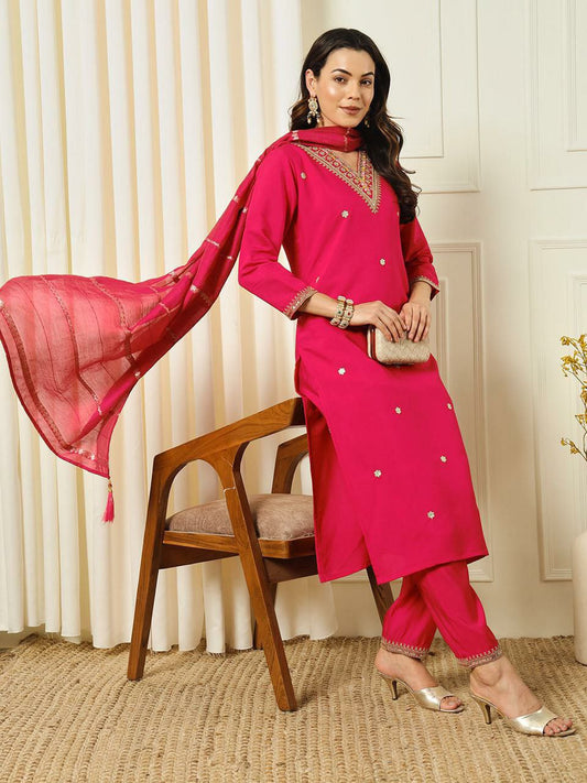 Roman Silk with Beautiful Embroidery With Sequence Work Pink Kurti