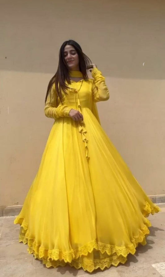 Faux Georgette Lining yellow Kurti For Women For Function