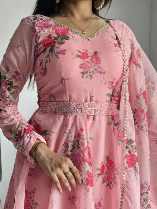 PURE SOFT ORGANJA SILK FABRIC FULLY FLAIR KALI PATTERN AND CANVAS PATTA WITH DUPPTA SET ,PENT READY TO WEAR