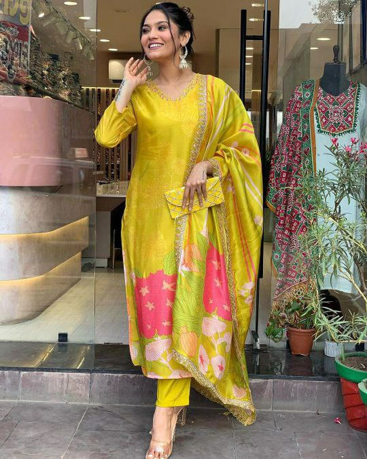 PURE NATURAL CRAPE WITH SEQUENCE CODING EMBROIDERY WORK YELLOW KURTI