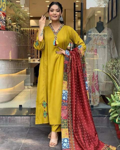 YELLOW ROMAN SILK WITH HAND WORK KURTI