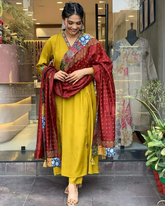 YELLOW ROMAN SILK WITH HAND WORK KURTI