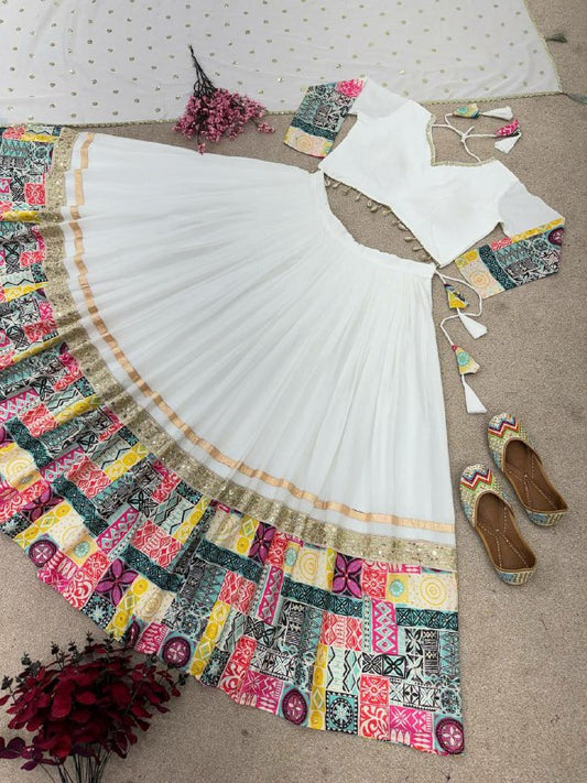 Heavy Chinon Silk With Digital Print and Embroidery Sequence Work