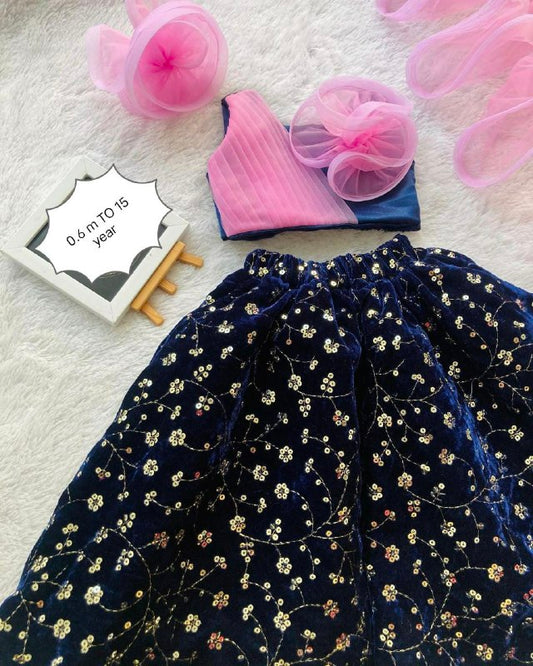 VELVET SEQUENCE WORK FULL FLAIR SKIRT WUTH BELT , DUPAATA AND BLOUSE