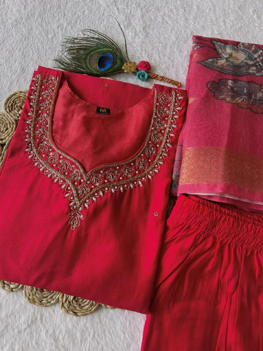 PREMIUM ROMAN SILK PINK KURTI