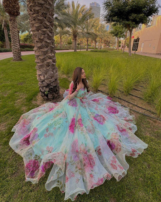 Pure organza silk floral printed lehnga