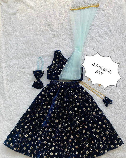 VELVET SEQUENCE WORK FULL FLAIR SKIRT ATTACHED WITH BELT AND DESIGNER BLOUSE