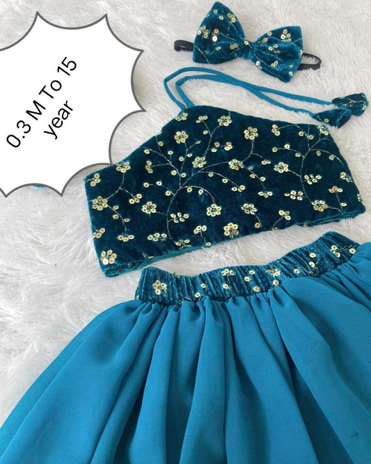 GEORGETTE FULL FLAIR SKIRT ATTACHED WITH VELVET BELT AND VELVET SEQUENCE WORK