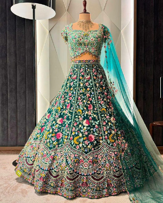 Georgette Blue And Green Lehenga Choli