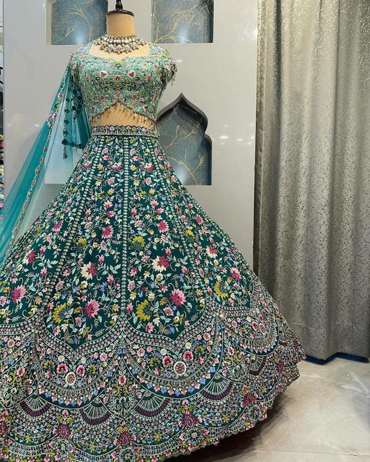 Georgette Blue And Green Lehenga Choli