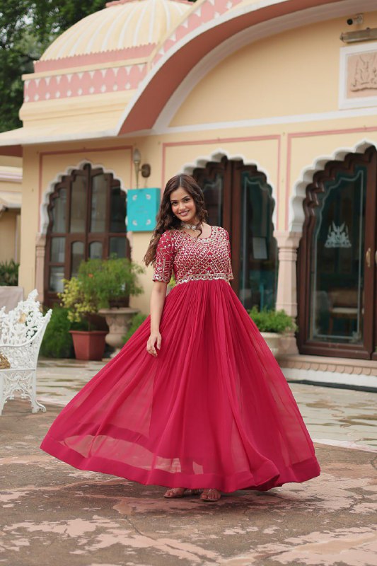 Faux Blooming with Embroidery Zari Sequins-work Gown