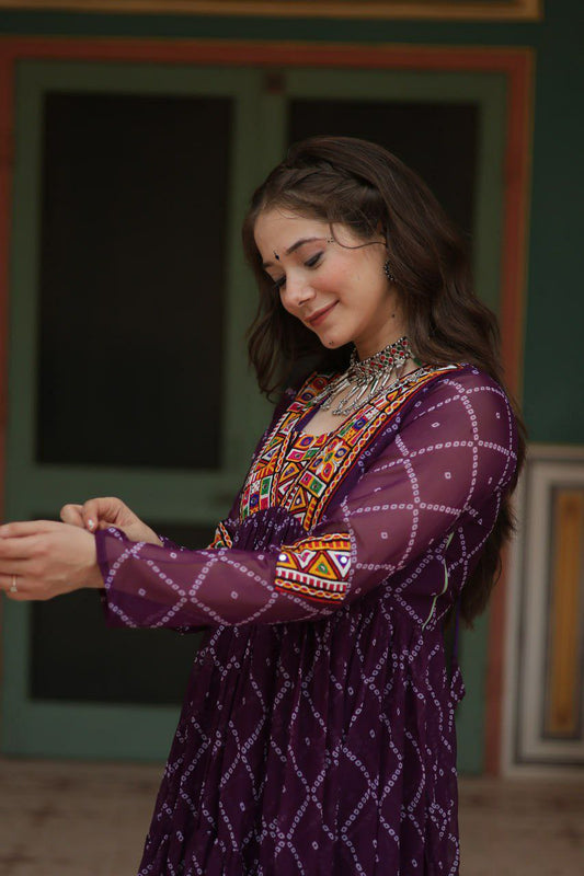 Bandhani Print work with kutchi patchework in Faux Georgette Gown