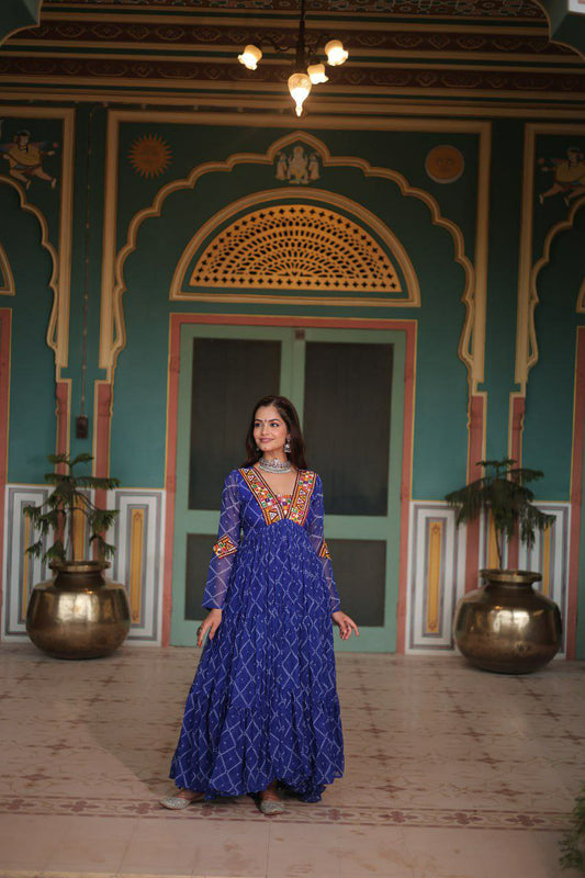 Bandhani Print work with kutchi patchework in Faux Georgette Gown