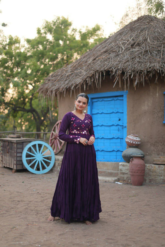 Rayon Fabric with Real Mirror Work Gown