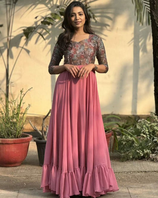 georgette with Attractive Embroidery and Print work Gown