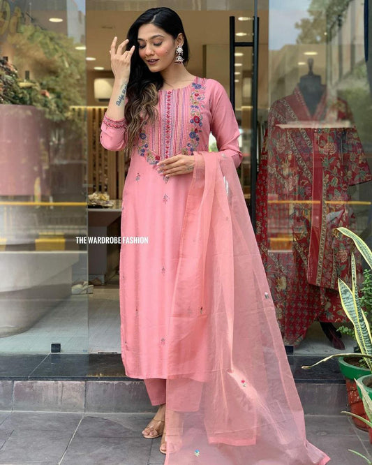 NEW PINKY EMBRO NECK WITH SEQUENCE WORK 3 PIECE SET WITH FREE JHUMKA