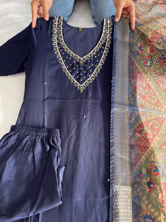 PREMIUM ROMAN SILK BLUE KURTI