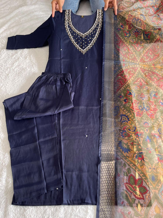 PREMIUM ROMAN SILK BLUE KURTI