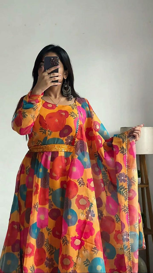 HEAVY PURE SOFT ORGANJA SILK PRINT KURTI PAIR