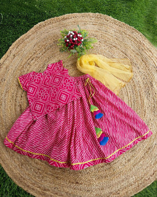 REYON PRINTED LEHERIYA WITH BANDHEJ FULL FLAIR SKIRT WITH BELT ATTACHED