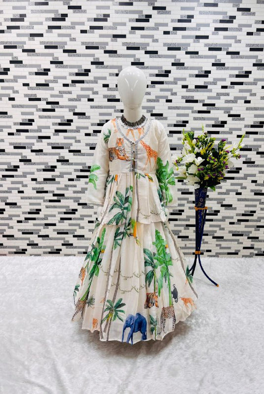 HEAVY CHINON SILK GOWN AND KOTI SET WITH DIGITAL PRINT WORK