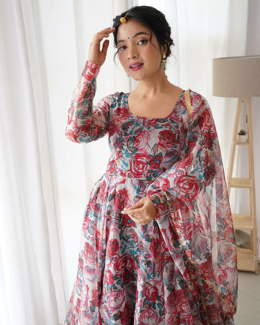 Gown Febrics Organza Taby Silk Heavy Quality Fabric With Digital Print And Handwork , Full Sleeve