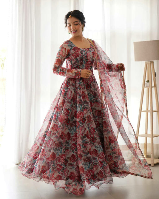 Gown Febrics Organza Taby Silk Heavy Quality Fabric With Digital Print And Handwork , Full Sleeve