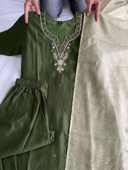 PREMIUM ROMAN SILK MEHENDI KURTI FOR GIRLS